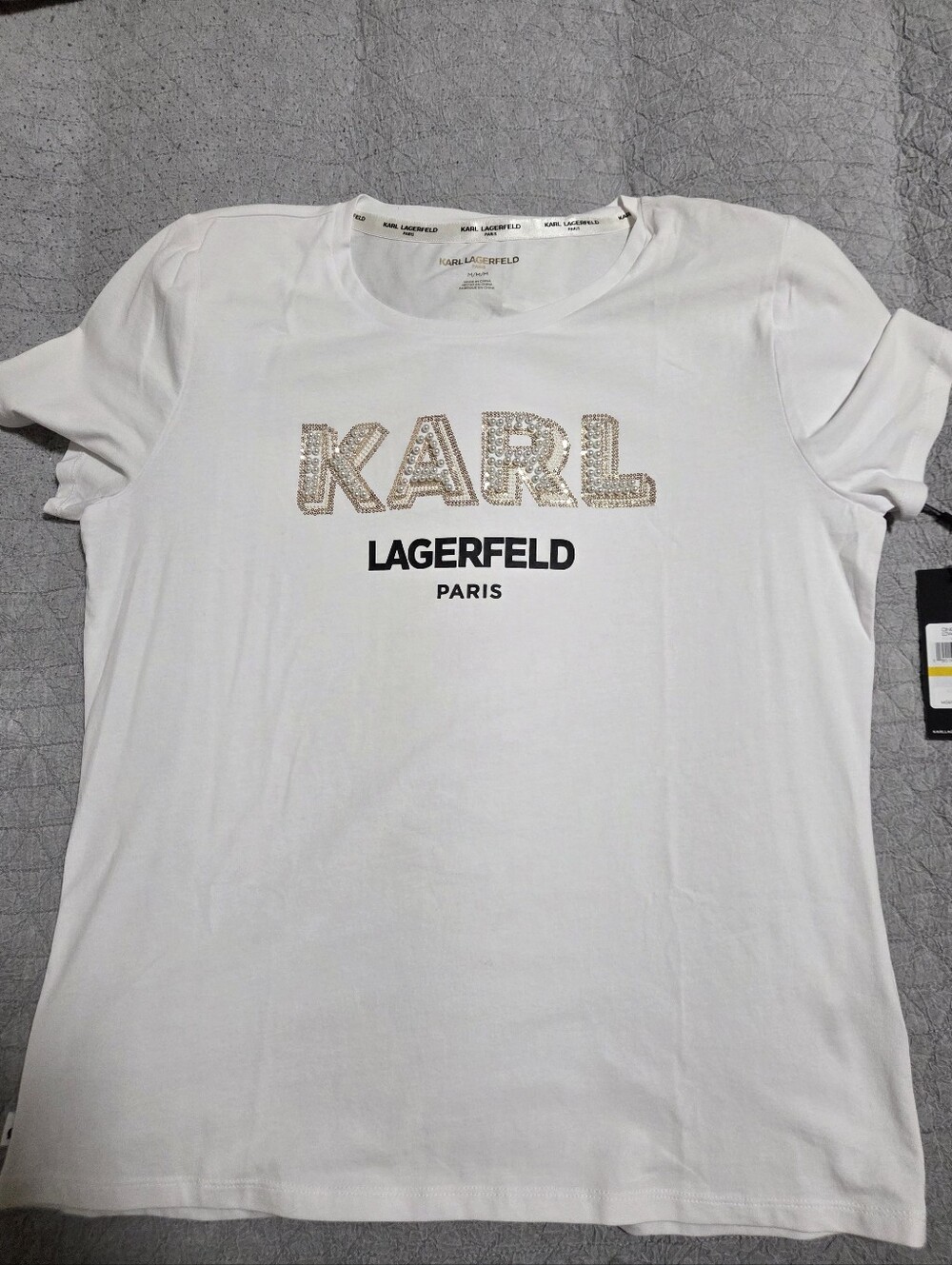 Karl Lagerfeld Paris White Logo Tee with Rhinestone Detail medium womens